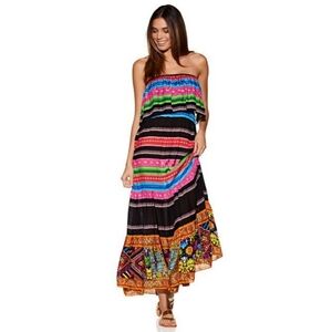{RubyYaya} Colorful Mexican Striped Strapless Flounce Maxi Dress - Size S